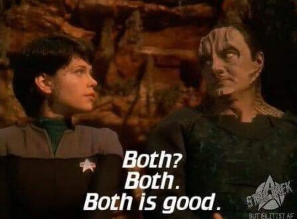 This meme is a still image from the TV show Star Trek: The Next Generation. The image shows two characters, Deanna Troi and the Borg Queen, standing side by side. The text "Both? Both. Both. Both is good." appears in the image, with a sarcastic tone implying that the Borg Queen is being overly enthusiastic about the idea of "both" being a good thing.